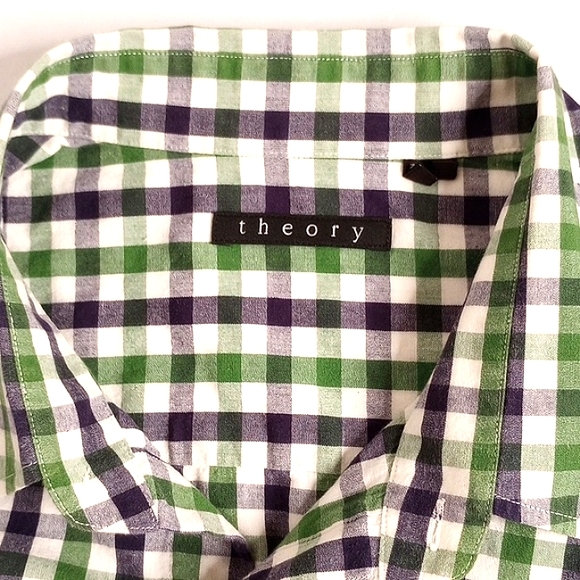 Theory White Green Navy Blue Checkered Plaid Long Sleeve Button Down Shirt XXL - Picture 10 of 12